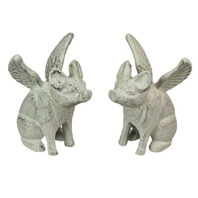 Farmhouse distressed white cast iron flying pig decorative bookends, set of 2 — 4.25 in. L x 4.25 in. W x 5.25 in. H