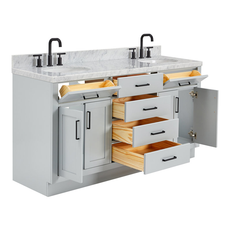 Meuble-lavabo double en bois massif de 66 po avec plateau en marbre de Carrare de 1,5 po Thornaby, Ovale, Gris / noir mat