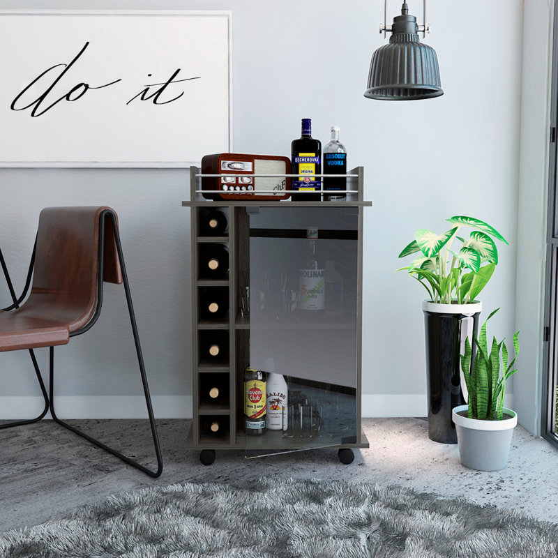 Dukat Bar Cart,Two Shelves, Six Built-In Wine Rack, Four Casters, 16.34" H x 16.25" W x 21.55" D, Brown