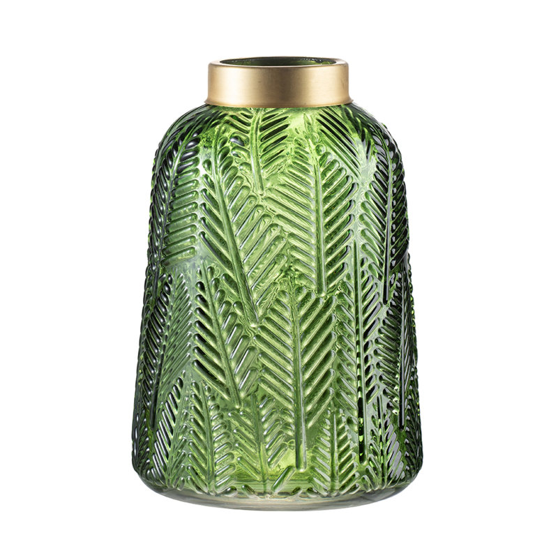 Dsy Floral Vase With Gold Rim, Embossed Fern Leaf, Green Glass 10 Inch, 9.6" H x 6.7" W x 6.7" D