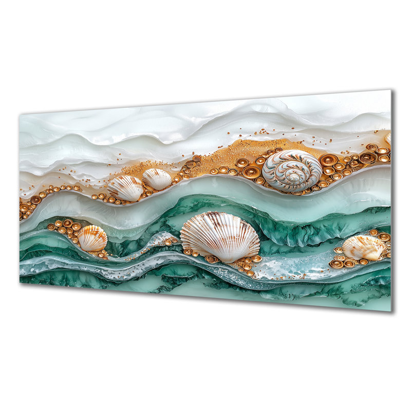 Coquillage et marbré plage paysage II - impression d'art nautique en métal, art mural côtier en métal, H 28 po x l 60 po