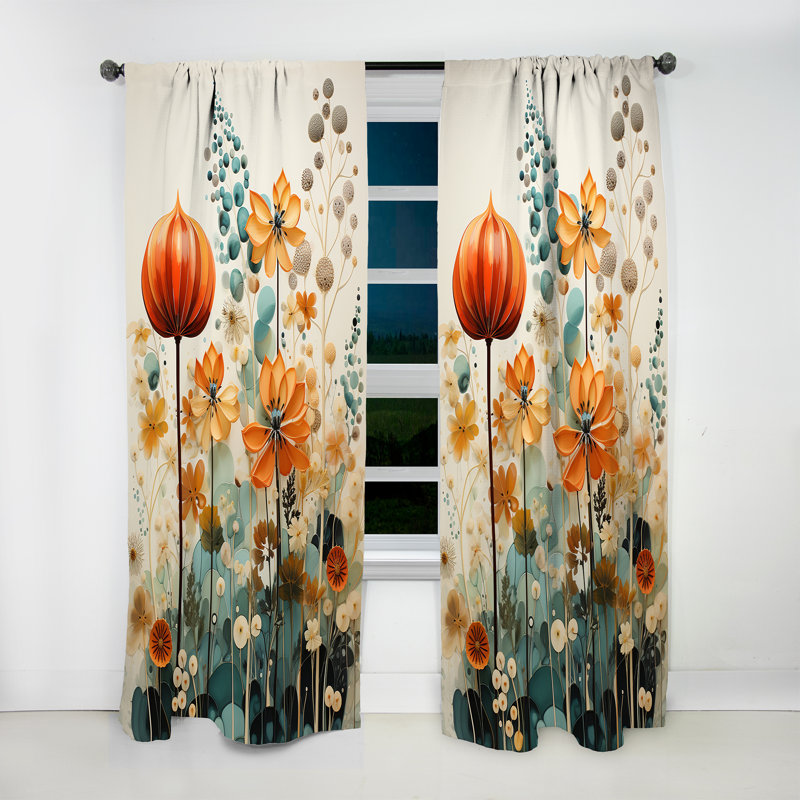 Tinh Colorful Mid Century Midcentury Botanicals I - Modern Velvet Curtain - Room Darkening - 1 Panel, 52" W x 95" L