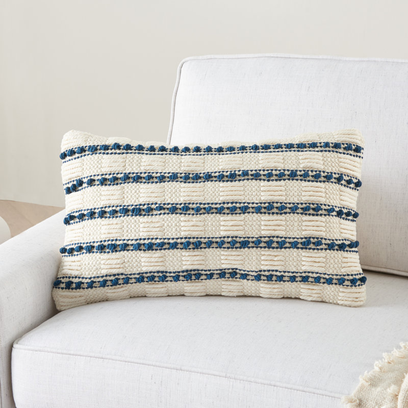 Navy and Ivory Embroidered Rectangular Throw Pillow 12" x 20"