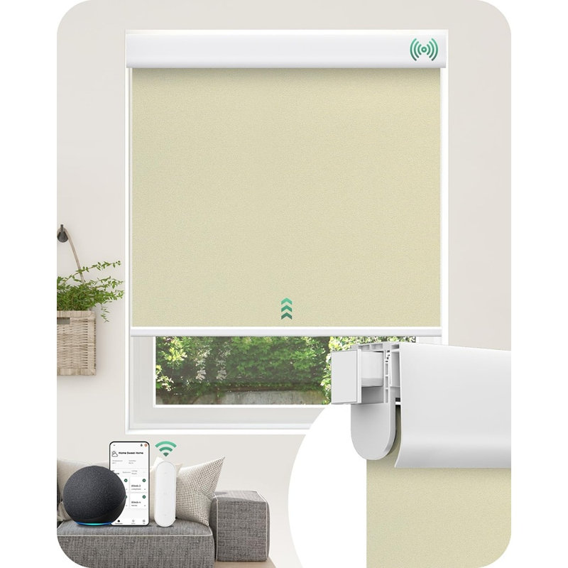 Motorized No-Drill Roller Shades – Remote-Controlled Automatic Blackout Window Blinds, Rental-Friendly Easy Install Smart Electric Window Coverings For Apartment Use (Beige)