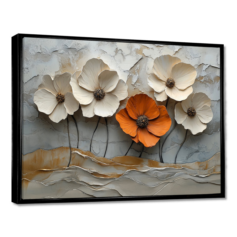 Blanc et orange, coquelicots en fleurs - coquelicots, art mural, H 12 po x l 20 po, Cadre flottant noir