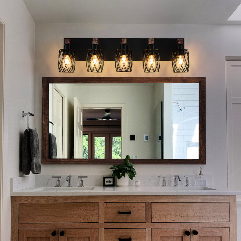 Vintage Industrial 5 - Wall Sconce 31 Inches In Size Black Cage Lighting Fixture With Wooden Elements For Bedroom, Dressing Room, Hallway, Quick Installation, Multiple Bulb Compatibility Inch And