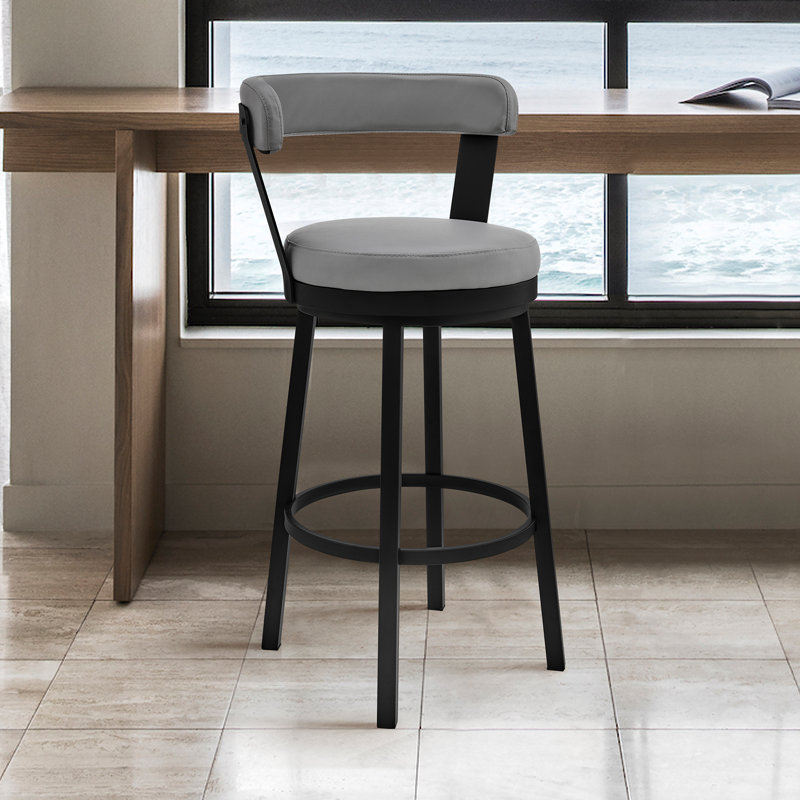 Annaliisa Swivel Counter or Bar Height Bar Stool with Footrest in Metal and Faux Leather, Bar Stool (30” Seat Height), Gray