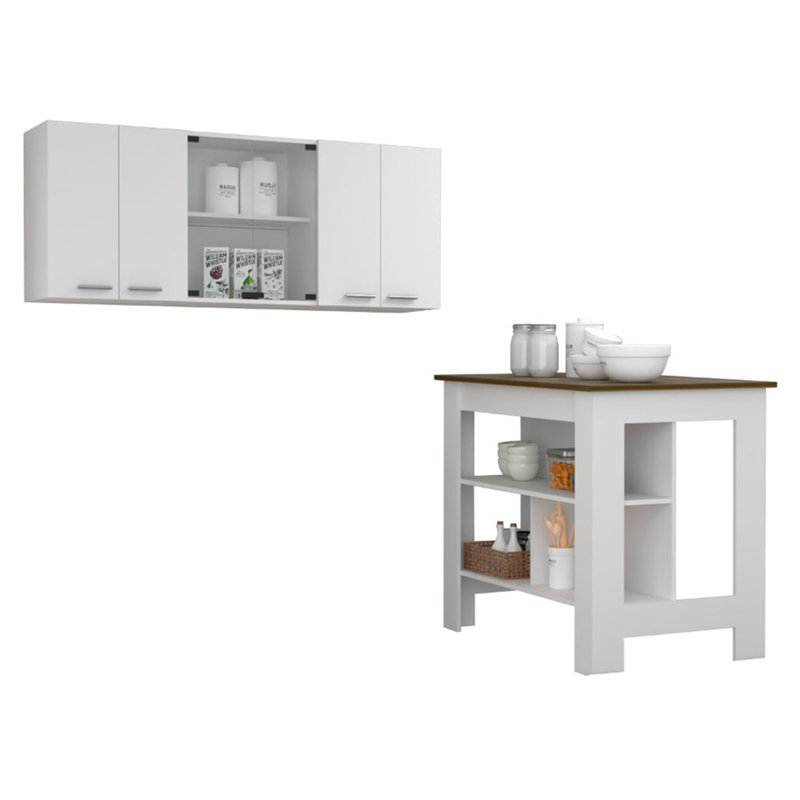 Ensemble de cuisine 2 pièces, îlot de cuisine et armoire murale, blanc et noyer, Blanc/noyer