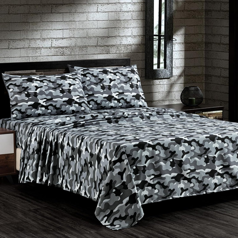 Microfiber Camouflage Sheet Set, Twin Sheet Set with 2 Additional Pieces, Black/Gray