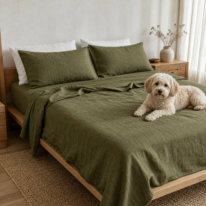 Ensemble de draps 100% lin français 4 pièces, Ensemble de draps pour lit double avec 2 taies d'o, Olive