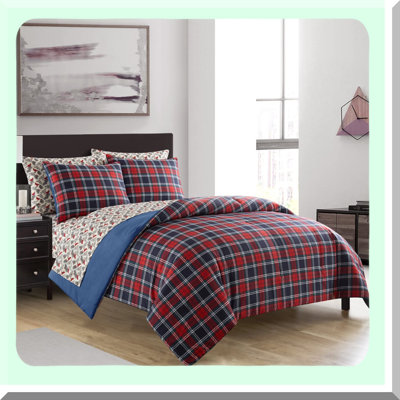 Luxury Plush Comforter Set, Red Plaid Queen Bedding Bundle - 7 Piece Cozy Bed in a Bag Kit for Ultimate Sleeping Experience