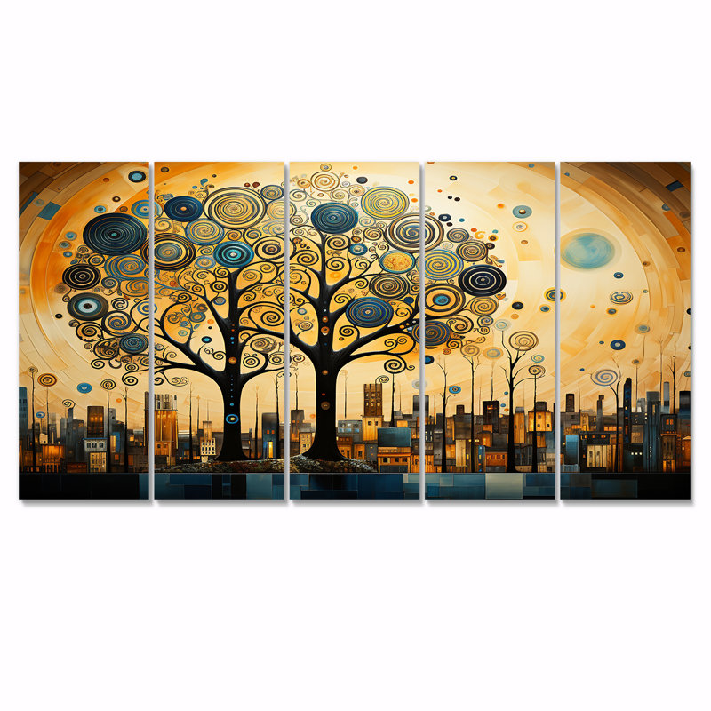 Art mural en spirale Art nouveau Pittoresque Town II - arbre, art mural 5 pièces, H 32 po x l 80 po