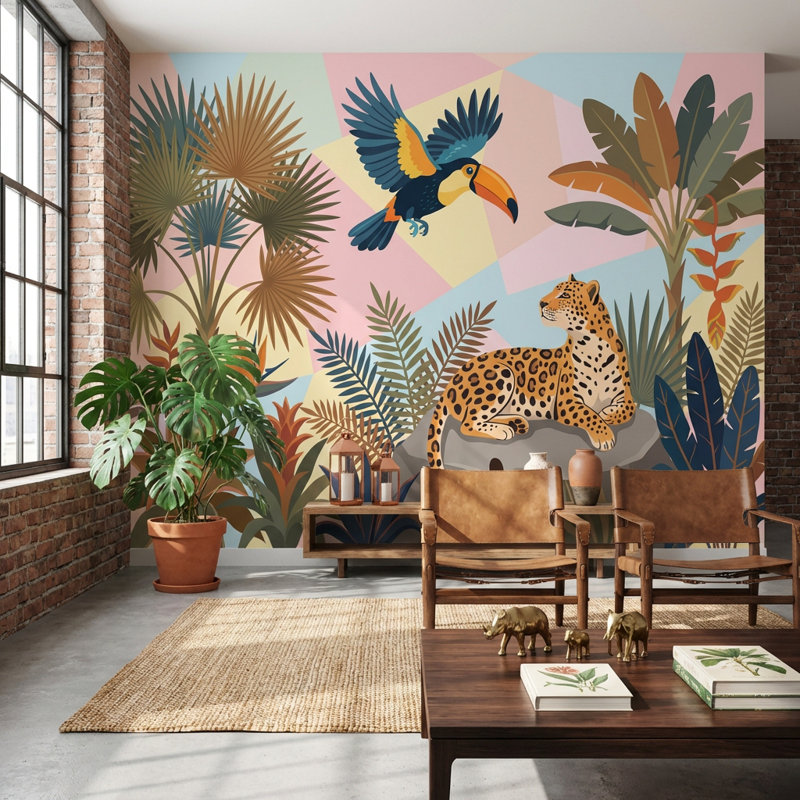 Papier peint léopard tropical, 100 po x 96 po, Peler et coller