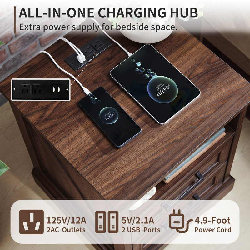 Wood 2-Drawers Nightstand With Charging Station, 24'' Tall Farmhouse End Table With Storage & Semi-Open Shelf, Brown