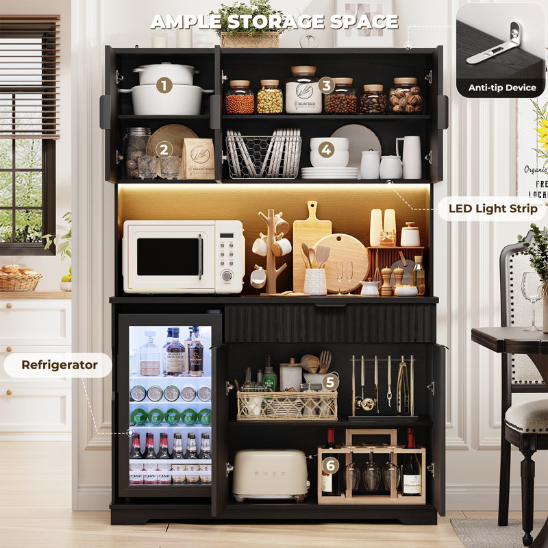 69" Fluted Wine Bar Cabinet with Fridge (Included), Modern Coffee Bar Cabinet with Storage Hutch, Tall Mini Fridge Cabinet with Drawers and Cabinets for Living Room, Dining Room, Black
