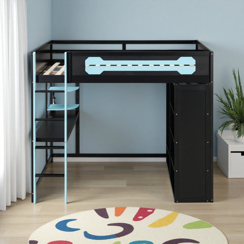Lit mezzanine en bois pleine grandeur avec bureau, garde-robe ouverte et lumière RVB, Bleu / Noir