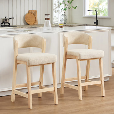 26.2"H Mid-Century Upholstered Linen Counter Stool With Solid Wood Frame