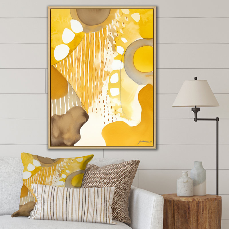 Moutarde jaune, rêves rétro, aquarelle - décoration murale moderne Mid-Century, H 32 po x l 16 po, Cadre naturel flottant