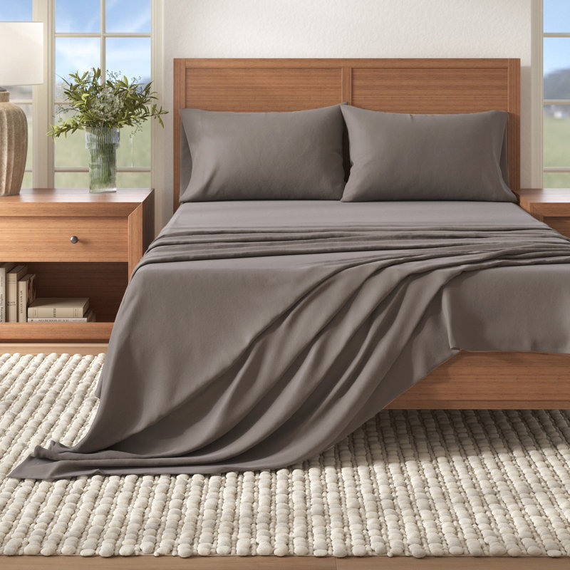 Ensemble de draps 100% flanelle de coton, Uni ‑ gris givré, Très grand avec deux taies d'oreiller
