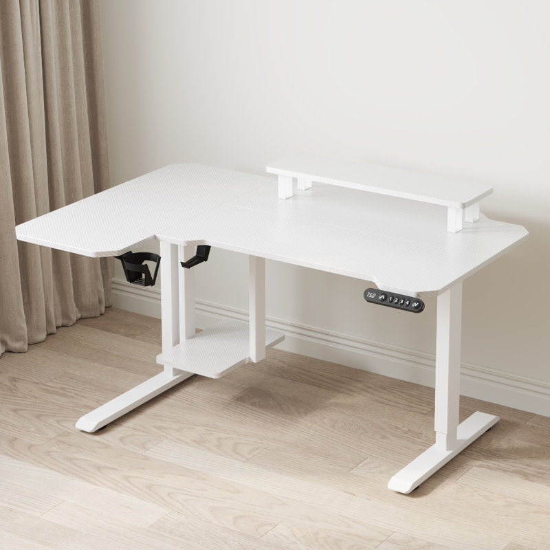 Bureau debout à hauteur réglable de 59 po en L avec tablettes, Chêne / Blanc