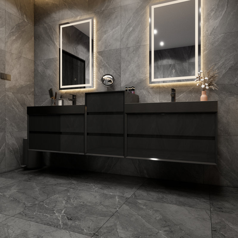 Ensemble de meuble-lavabo double mural Golitz, Noir lustré