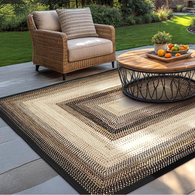  Tapis tressé réversible noir / brun intérieur / extérieur lavable, Rectangle 6 pi x 9 pi