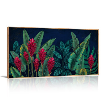 Gingembre rouge et feuilles vertes sur toile bleu foncé