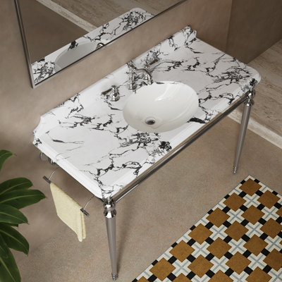 Lavabo console en marbre artificiel de 48 pouces avec pieds en laiton et barre à serviettes (8 pouces, 3 trous)