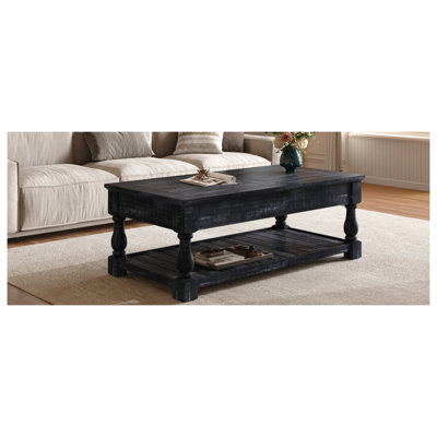 Table basse rustique à plateau relevable avec rangement caché - Mobilier de salon rectangulaire en bois noir antique