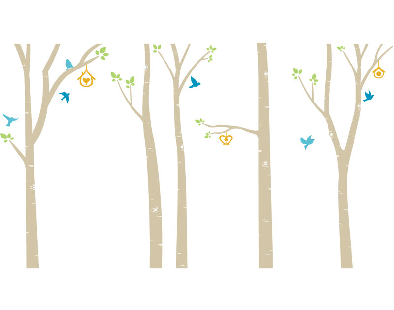 Décalcomanie murale arbres et oiseaux bouleau, Brun pâle
