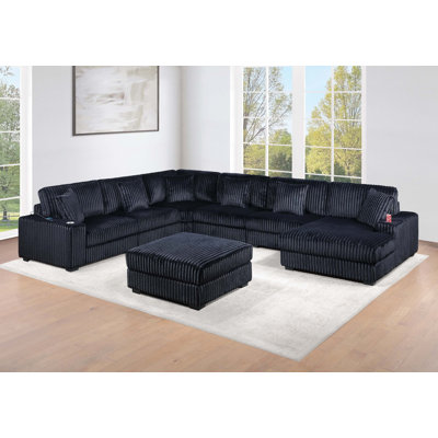 Contemporary Modern 7-PC Modular U-Sectional Sofa Set USB Cup Holder Corduroy Living Room Furniture Couch