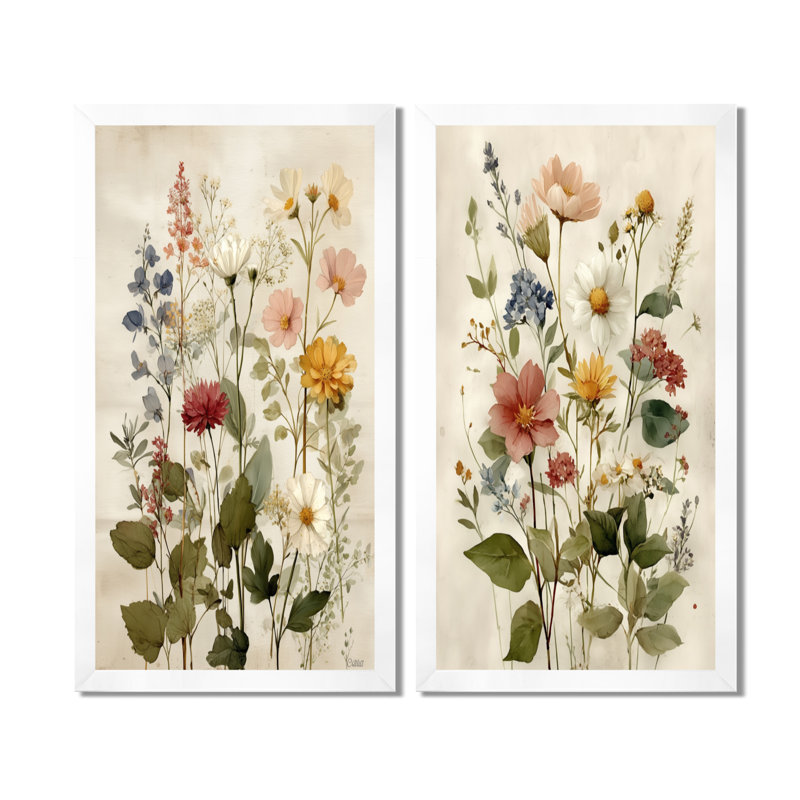 Art mural sur toile 2 fleurs rétro, H 40 po x l 40 po, Cadre flottant doré