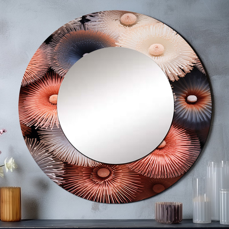 Undersea Magic Coastal Pink Coral - Corals Unique Mirror, Pink Large Round Wall Mirror, Printed Metal Art, 36" x 36"