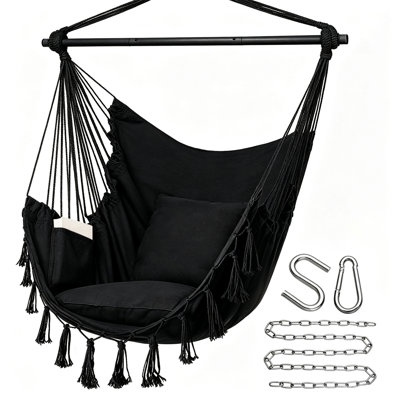 Large Macrame Hammock Swing Chair - Outdoor Hanging Chair with Telescoping Metal Poles, Hanging Chains, 2 Cushions, Hardware Kit, Pocket | Patio Hammock, Outdoor Stuff for Adults, Swinging Chair Outdoor