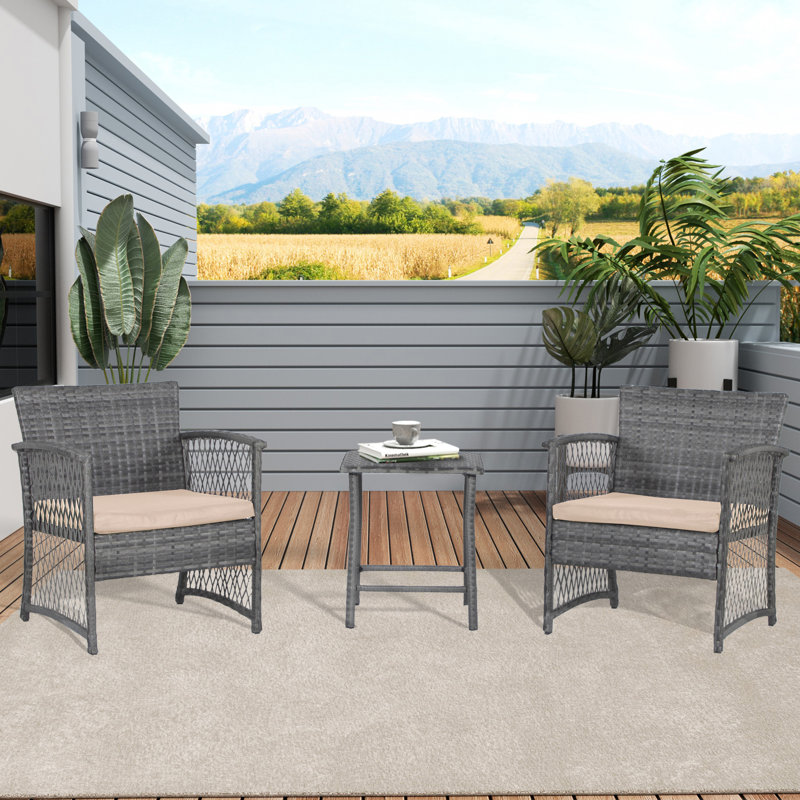 Ensemble de sièges Bella en rotin 3 pièces avec coussins, Beige, Gris