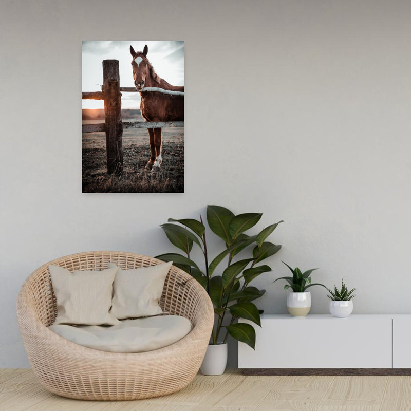 Art mural cheval brun au coucher du soleil, H 24 po x l 16 po
