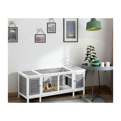 Elevated Steel and Wood Pet Crate with Slide-Out Tray and Divider Panel, Gray and White Finish