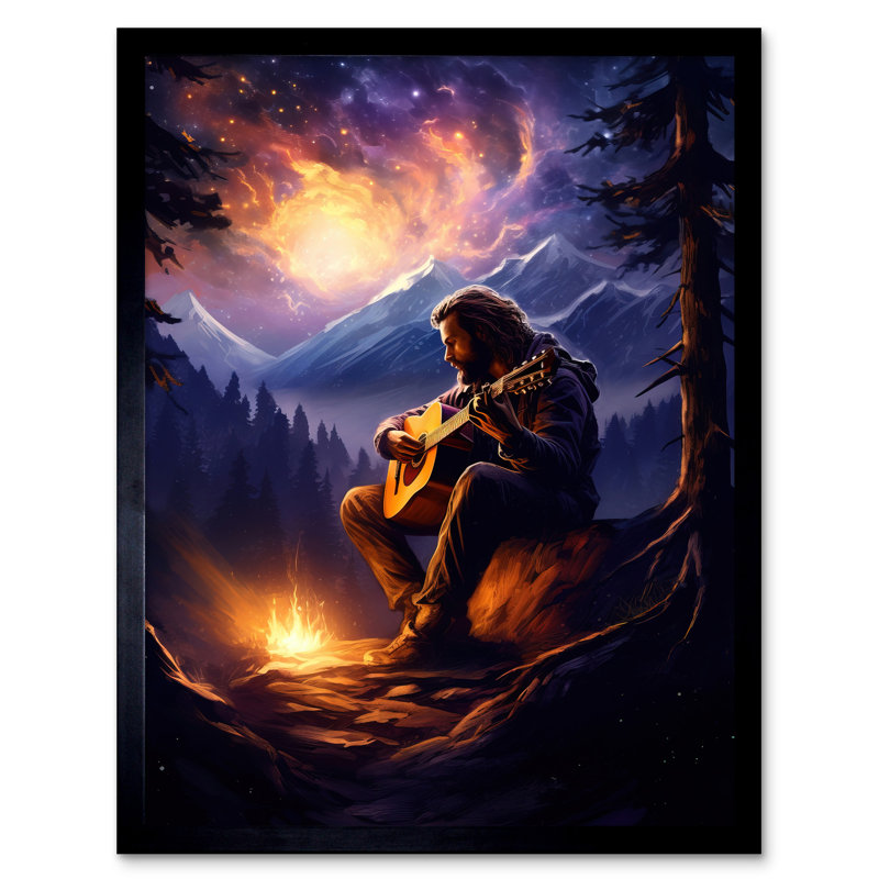 Playing Guitar by a Campfire Mountain Forest Landscape 1 Piece Single Picture Frame Wall Art
