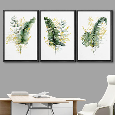 Tropical Palm " IDEA4WALL Framed Wall Art Print Set Green Yellow Banana Leaf Monstera Pastel Forest Plant Variety Nature Wilderness Illustrations Modern Decorative Relax/Calm Chic For Living Room, Bedroom, Office " 3 - Pieces