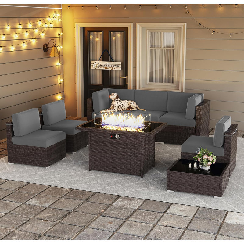  8 Piece Patio Furniture Set with 44" Propane Gas Fire Pit Table, Outdoor Sectional Conversation Set Wicker Rattan Sofa Set with Coffee Table