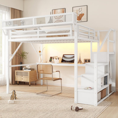Lit mezzanine avec bureau et station de charge, lit mezzanine en métal avec escalier et lumière pour enfants adolescents