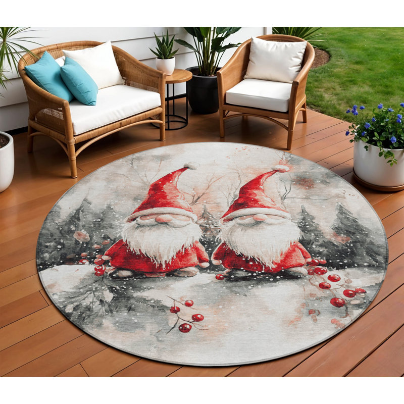 Tapis intérieur/extérieur lavable, motif nain, ivoire, rouge et gris, 2,4 m (8 pi).
