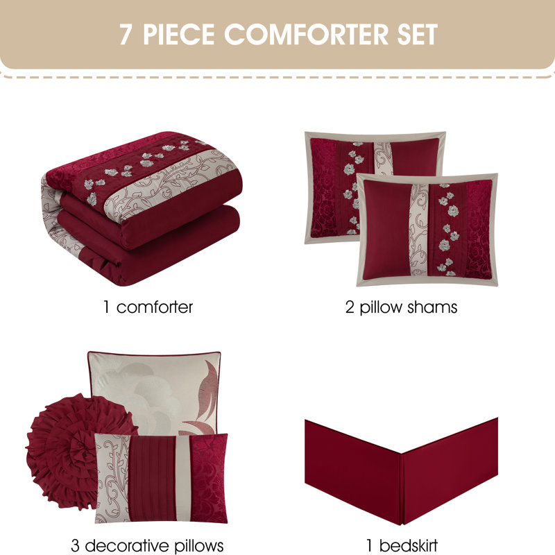 Ensemble d'édredon style glam 7 pièces Riley, Très grand, Vin