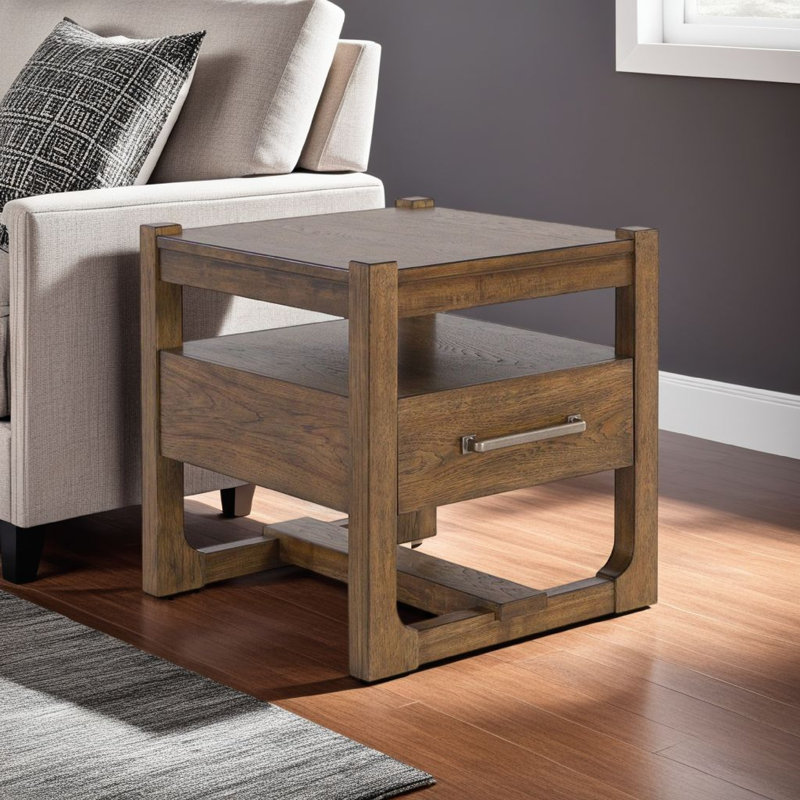 Table de bout carrée d'appoint Cabal, tiroir, tablette, bois brun clair, 24 po