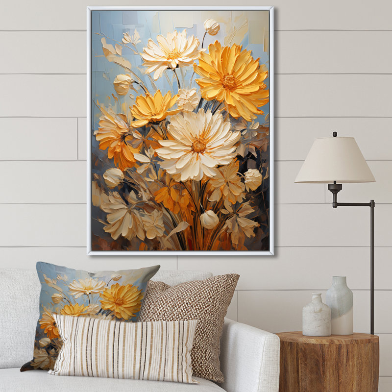Yovanna Chrysanthemums Autumn Gold Patchwork II, H 44 po x l 34 po x P 1,5 po, Cadre flottant blanc