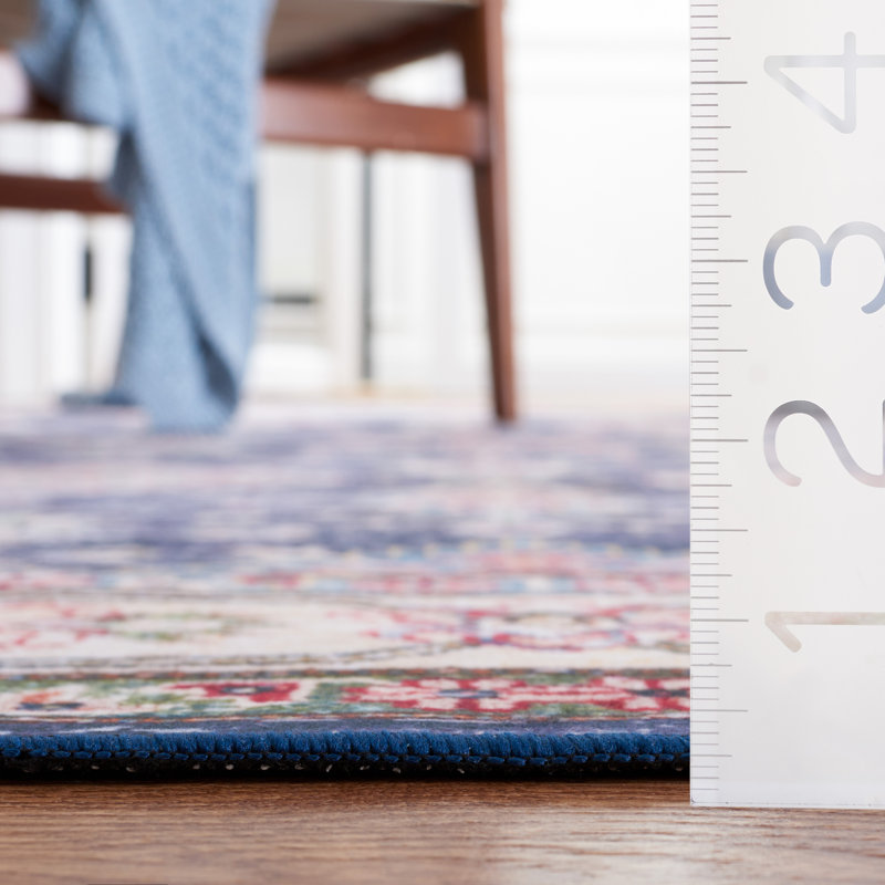 Tapis oriental en polyester tissé à la machine bleu marine / beige Pashen, Rectangle de 5 pi x 8 pi