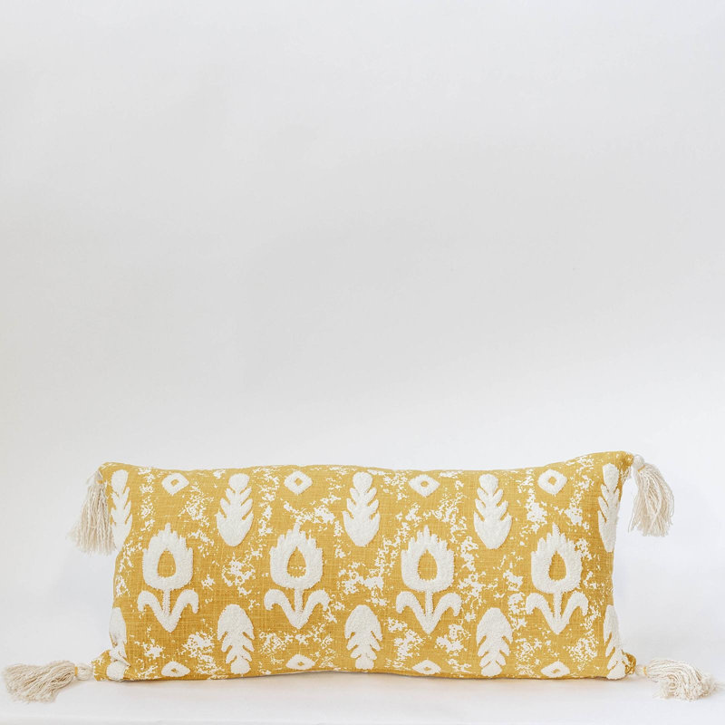 Coussin avec pampilles, H 12 po x l 28 po, Forme rectangulaire, Jaune