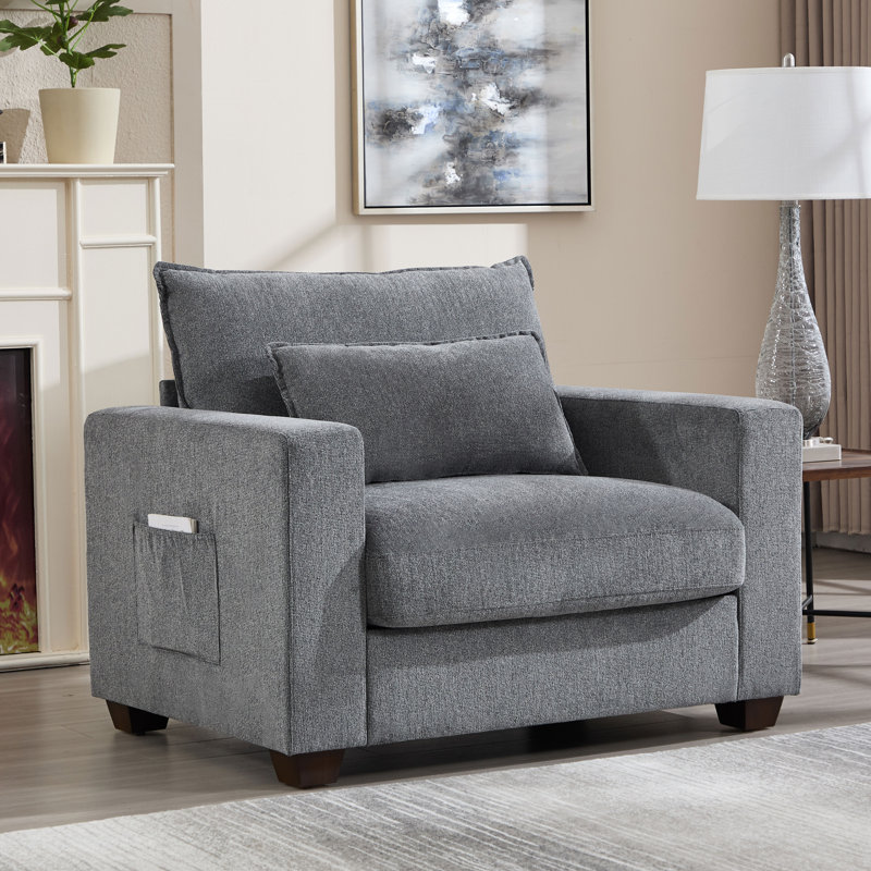 Fauteuil d'appoint moderne et demi 48 po en chenille surdimensionnée avec demi-coussin et poche latérale, Gris