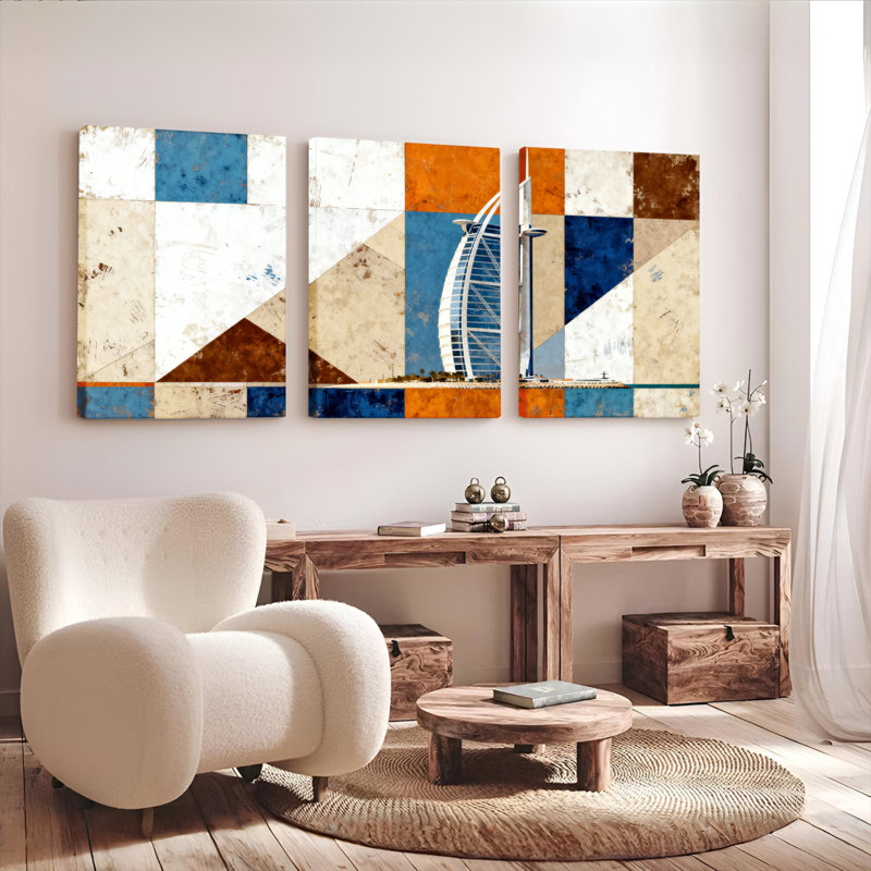 Abstract Geometric Cityscape Canvas Wrapped Wall Art, Oil Painting Print (Set of 3), 18" H x 36" W