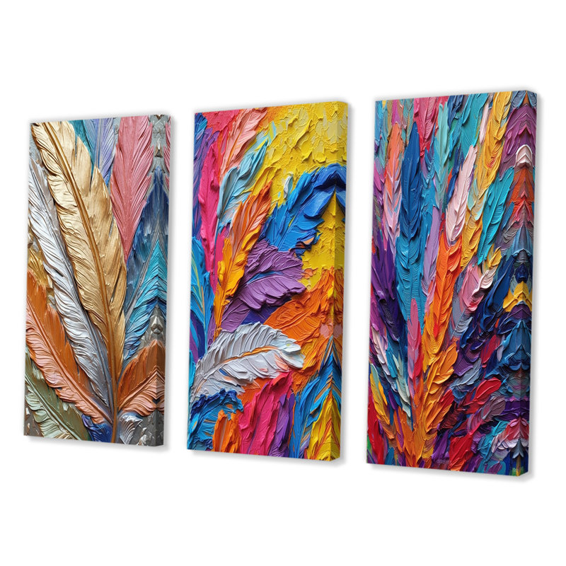 «Rough Texture Colorful Feathers Peinture I», 3 pièces sur toile, Toile tendue, H 28 po x l 36 po